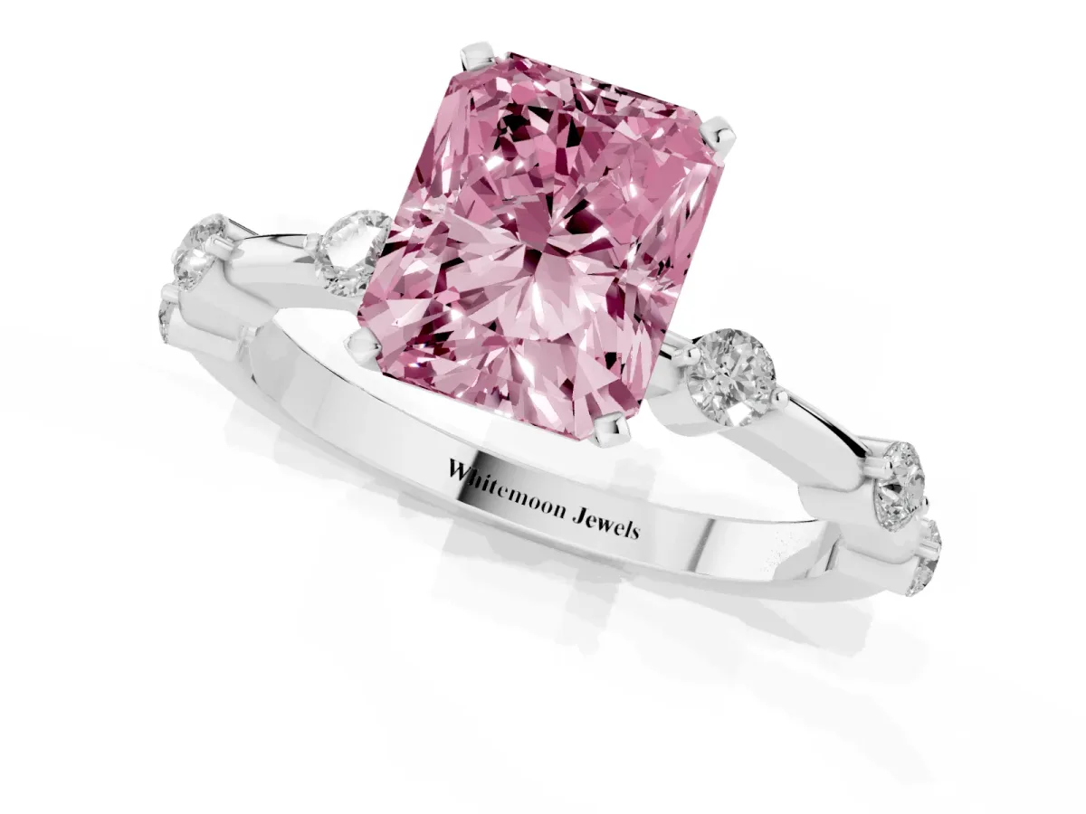 Fancy Pink Radiant Cut Solitaire Diamond Ring with Bezel Set Side Stones and Prong Setting Silver
