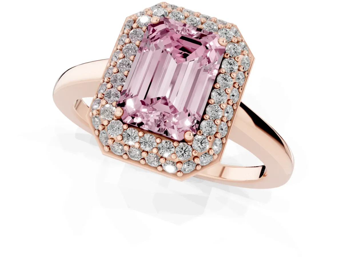 Fancy Pink Emerald Cut Halo Diamond Engagement Ring with Solitaire Band and Four-Prong Setting Rose gold