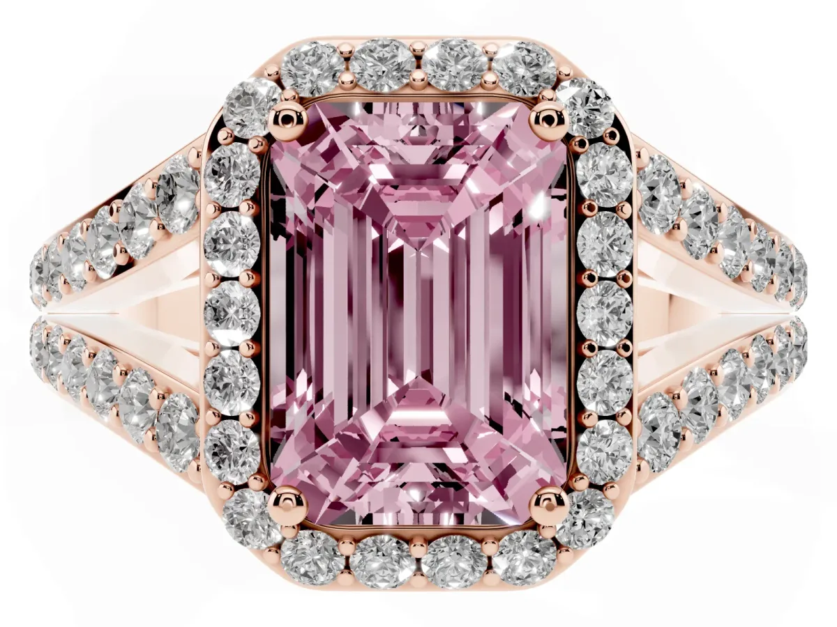 Fancy Pink Emerald Cut Diamond Split Shank Halo Ring with Four-Prong Setting Rose gold