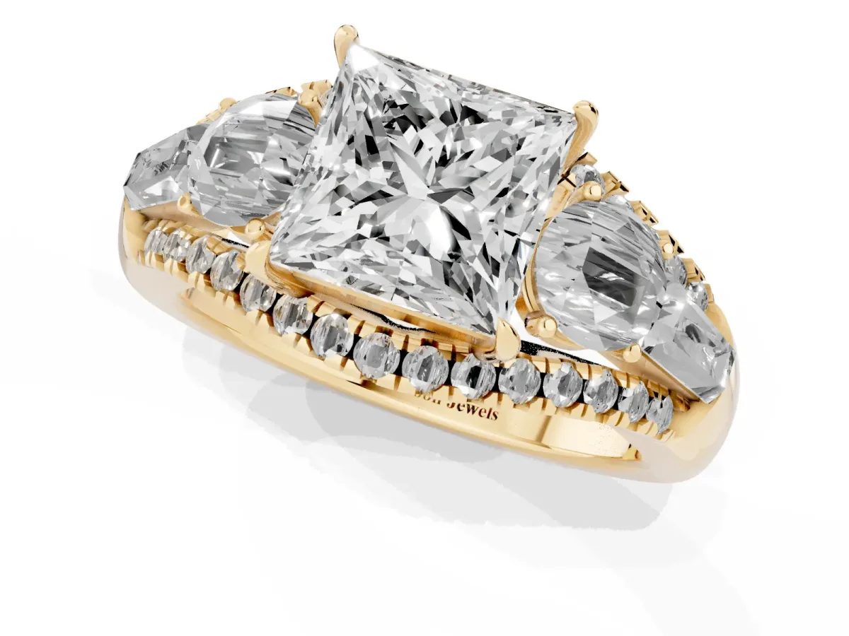 Three-Stone Princess Cut Diamond Engagement Ring with Pave Band and Prong Setting Yellow gold