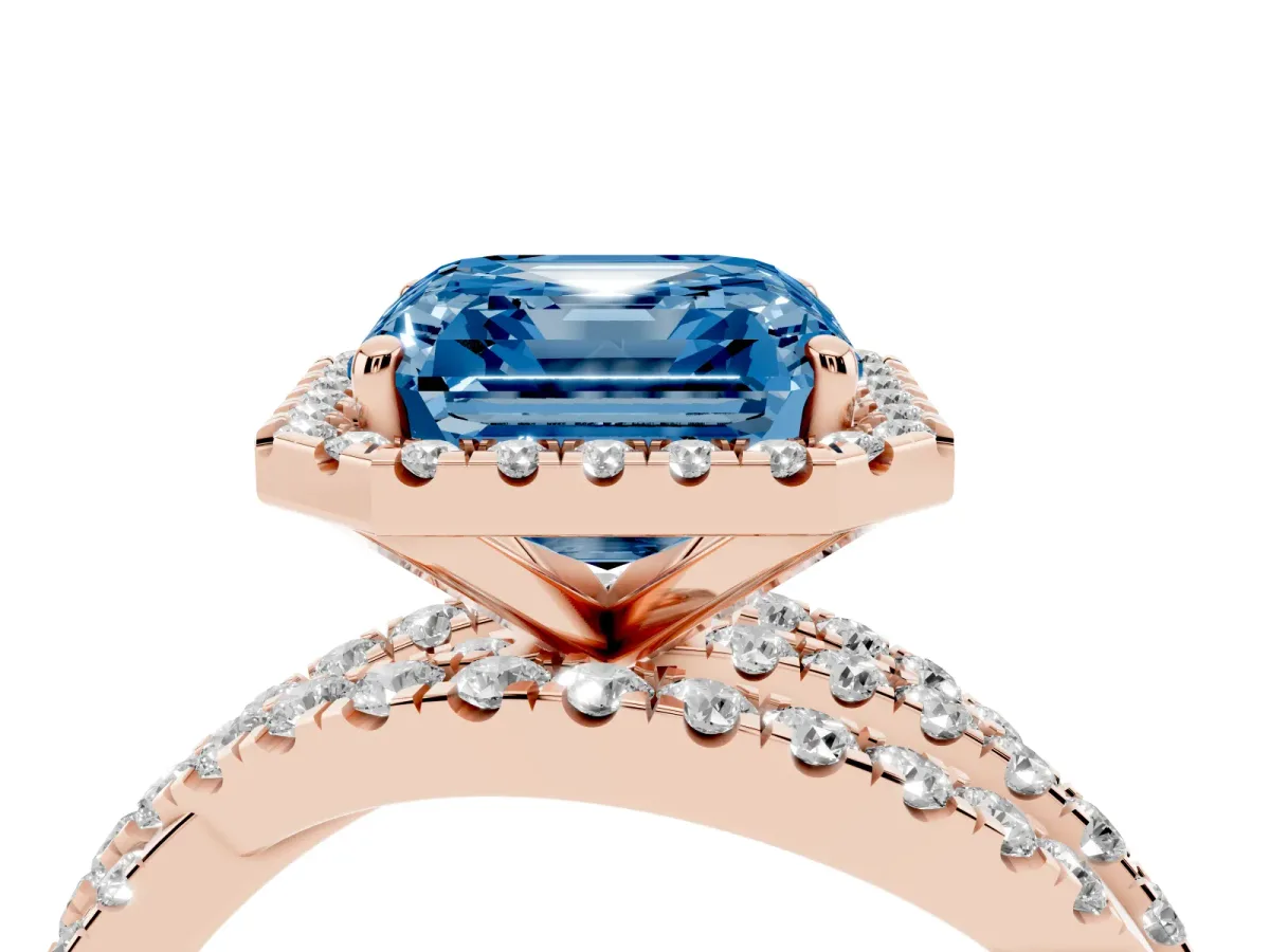 Fancy Blue Asscher Cut Diamond Halo Ring with Round Split Shank and Prong Setting Rose gold