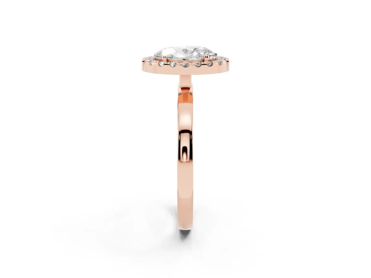 Oval Cut Halo Diamond Solitaire with Pavé Band and Four-Prong Setting Rose gold