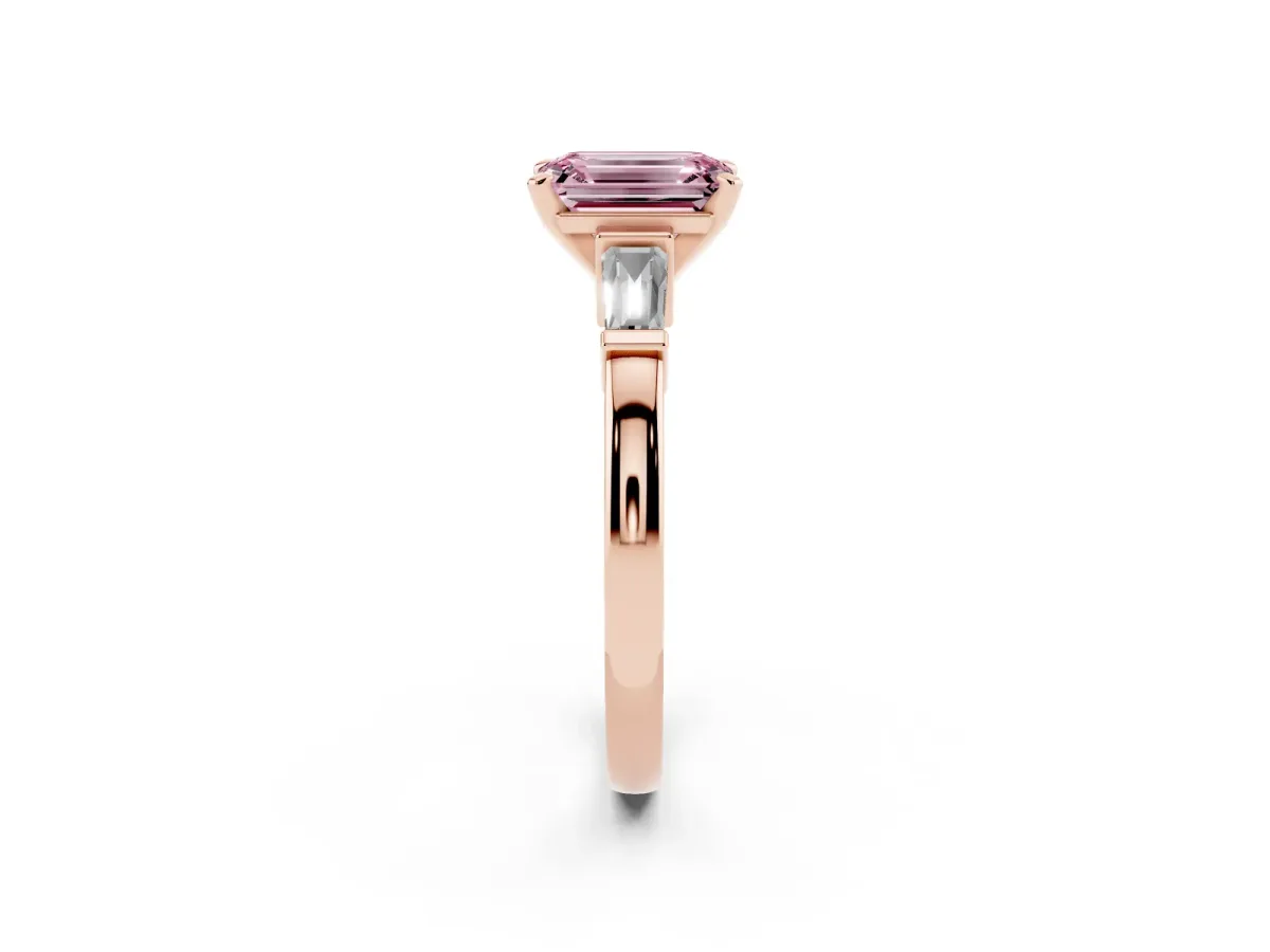 Fancy Pink Emerald Cut Cut Diamond Solitaire Ring with Tapered Baguette Accents and Four-Prong Setting Rose gold