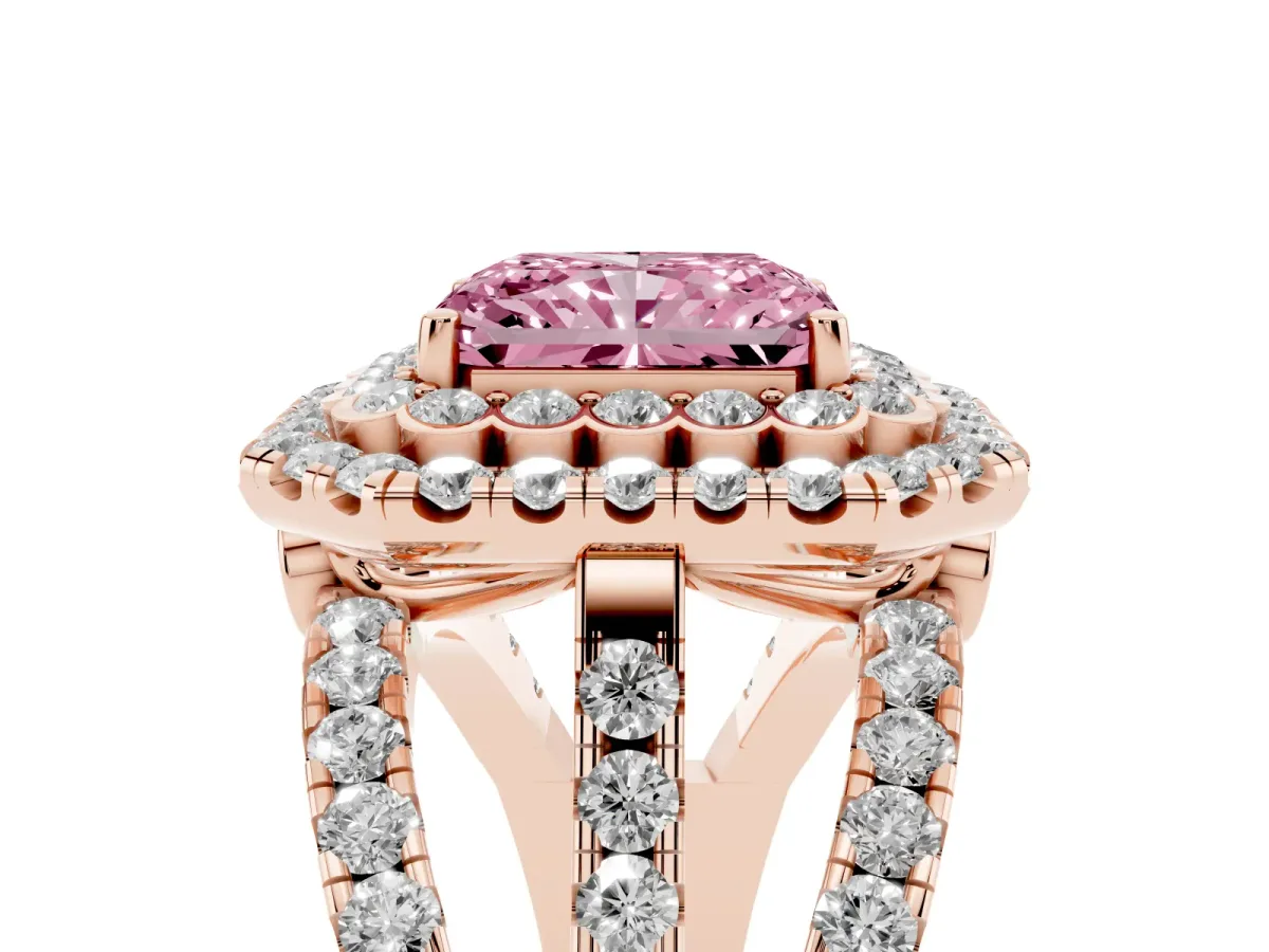 Fancy Pink Radiant Cut Diamond Double Halo Ring with Round Pavé Split Shank and Prong Setting Rose gold