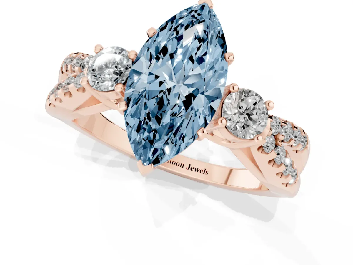 Fancy Blue Marquise Cut Diamond Three-Stone Ring with Pavé Split Shank and Four-Prong Setting Rose gold