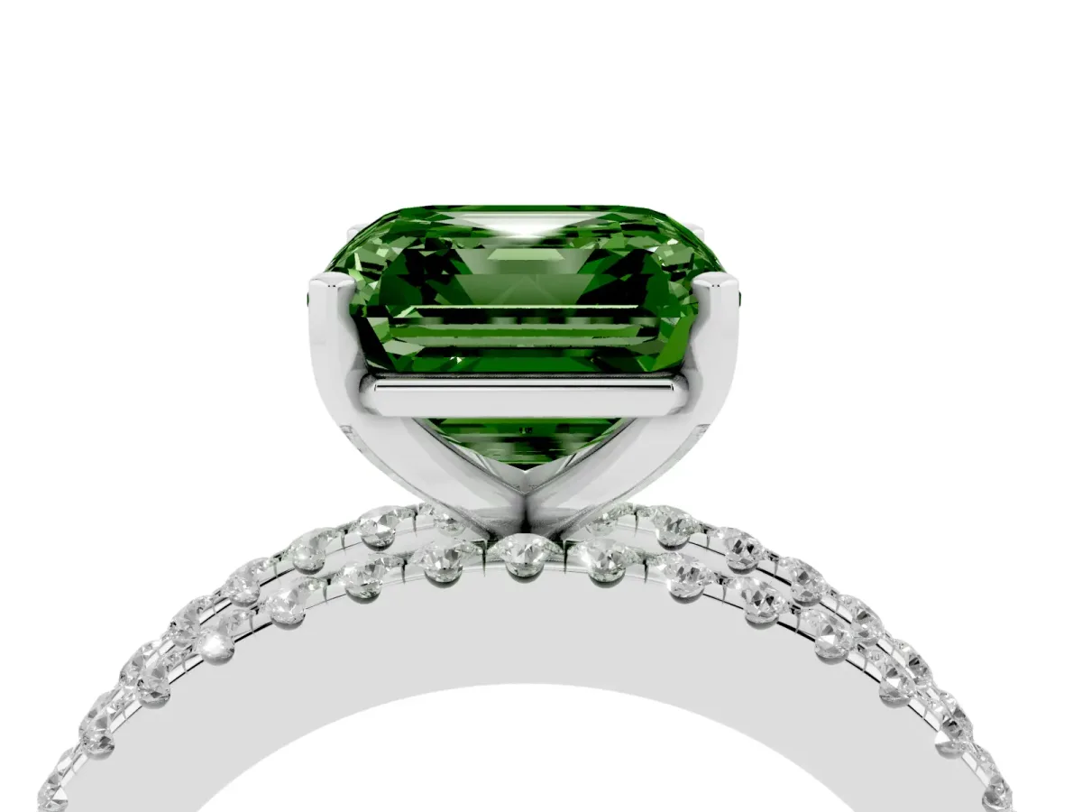Fancy Green Asscher Cut Diamond Solitaire Ring with Pavé and Channel Set Band Silver