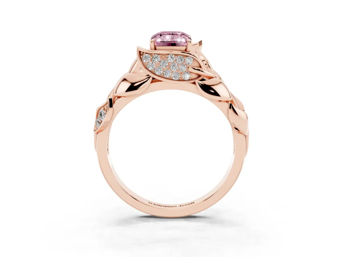 Fancy Pink Emerald Cut Diamond Leaf-Inspired Engagement Ring with Round Accents and Prong Setting Rose gold