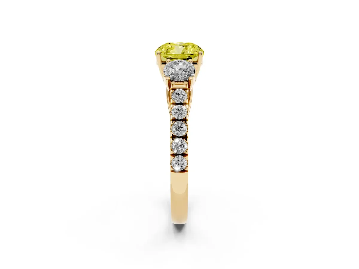 Fancy Yellow Cushion Cut Cut Diamond Three-Stone Ring with Round Side Stones and Pavé Band Yellow gold