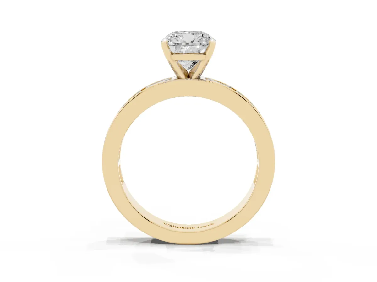 Cushion Cut Solitaire Diamond Ring with Channel-Set Baguette Band and Four-Prong Setting Yellow gold
