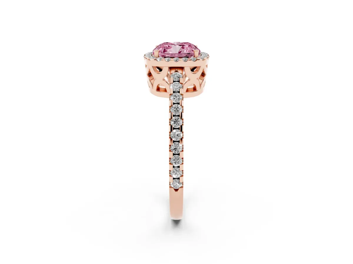 Fancy Pink Cushion Cut Diamond Halo Engagement Ring with Pavé Band and Prong Setting Rose gold