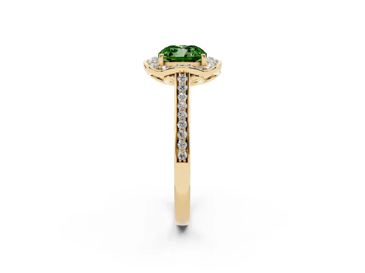 Fancy Green Cushion Cut Halo Round Diamond Pave Band with Four-Prong Setting Yellow gold