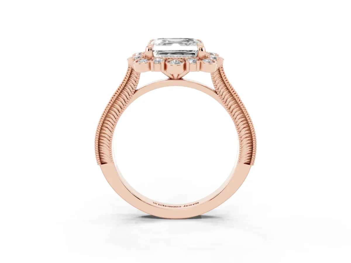 Asscher Cut Halo Milgrain Pave Diamond Ring with Four-Prong Setting Rose gold