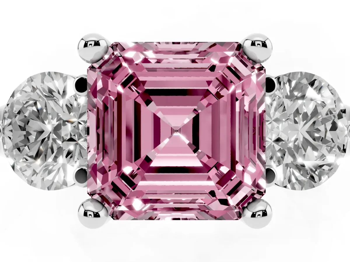 Fancy Pink Three-Stone Asscher Cut Brilliant Cut Solitaire Ring with Prong Setting on a Classic Band Platinum