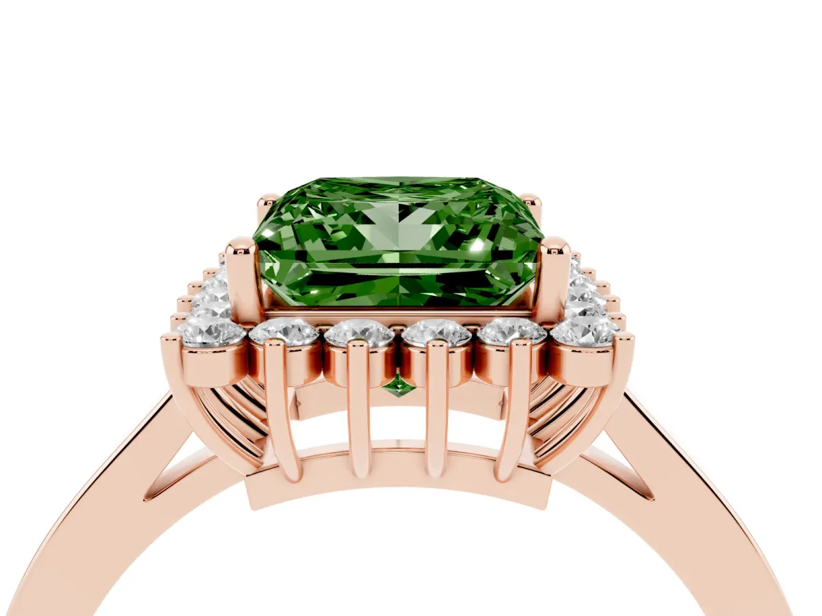 Fancy Green Princess Cut Cut Diamond Halo Ring with Round Brilliant Halo and Solitaire Band Rose gold