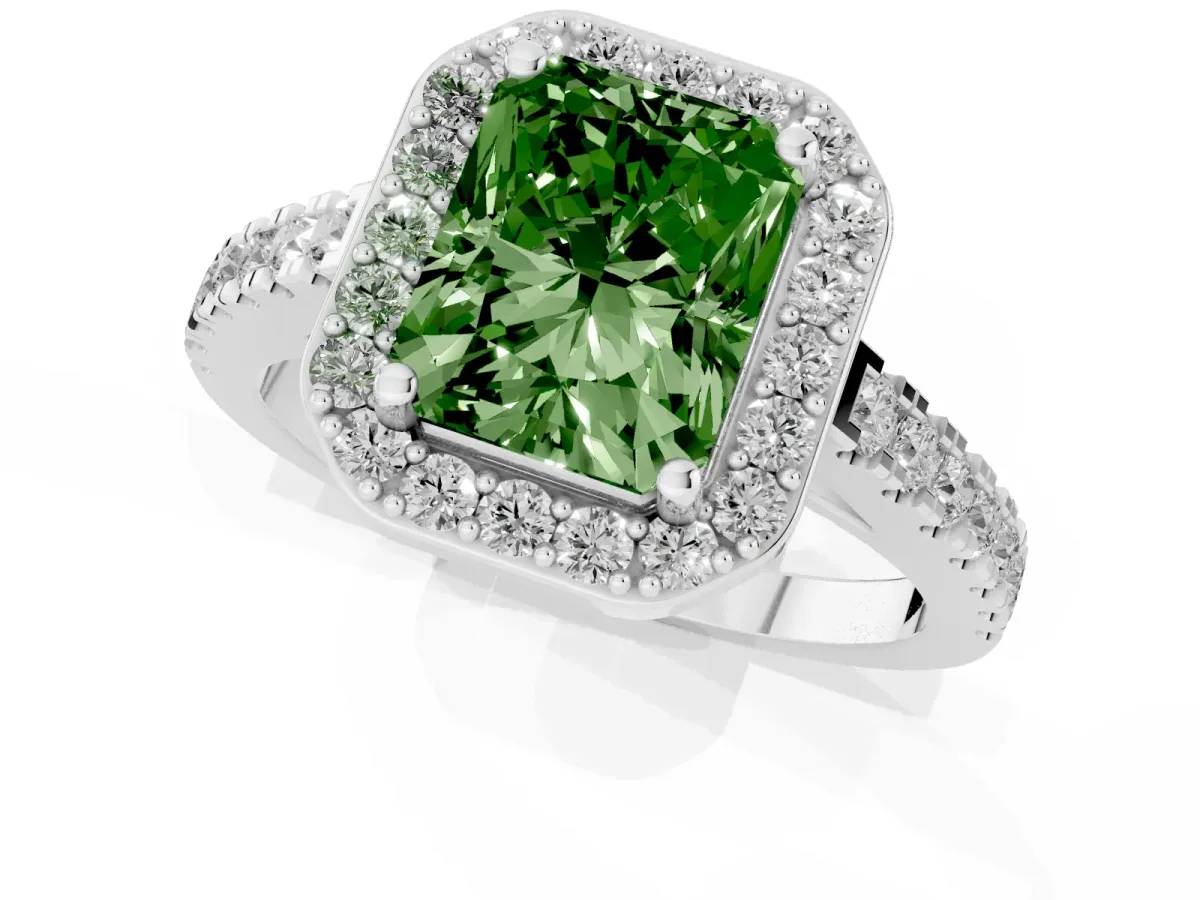 Fancy Green Radiant Cut Diamond Halo Ring with Round Pavé Split Shank and Prong Setting Silver