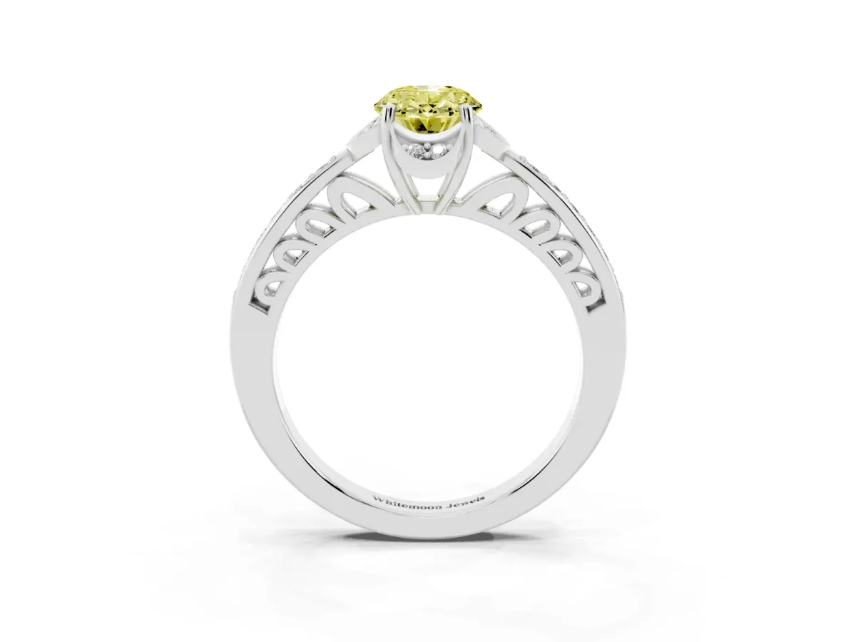 Fancy Yellow Oval Cut Cut Halo Diamond Ring with Channel Set Band and Four-Prong Setting Platinum