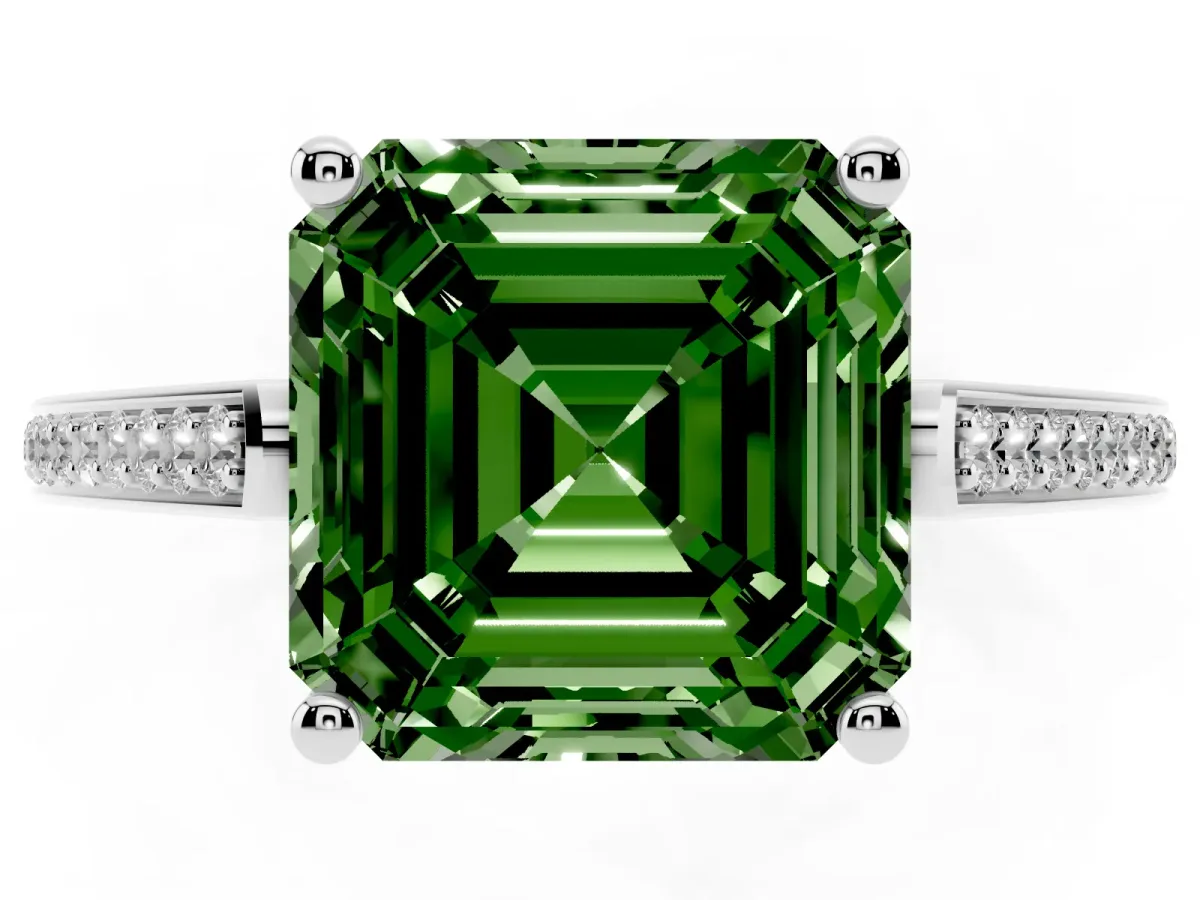 Fancy Green Asscher Cut Cut Cathedral Pave Diamond Engagement Ring with Six-Prong Setting Silver