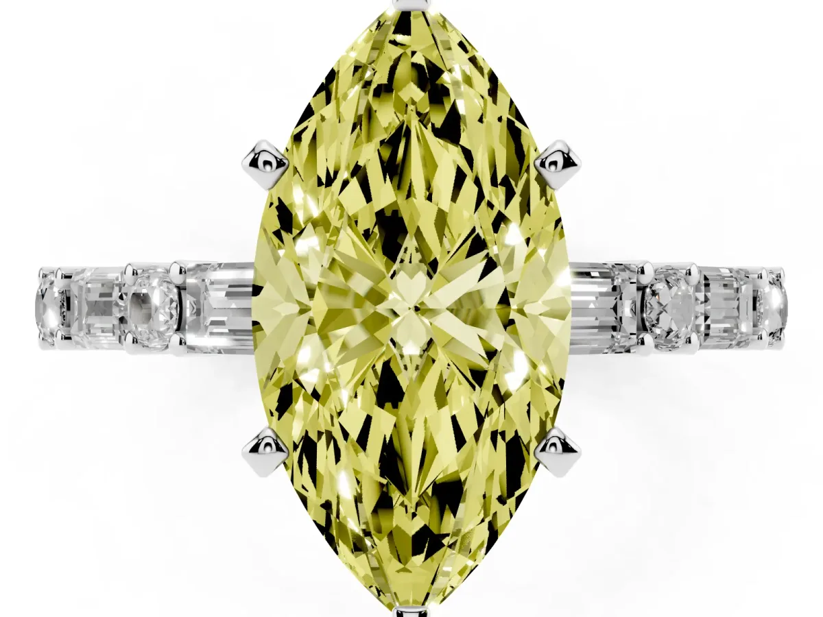 Fancy Yellow Marquise Cut Diamond Solitaire with Side Baguettes and Channel Set Band Platinum