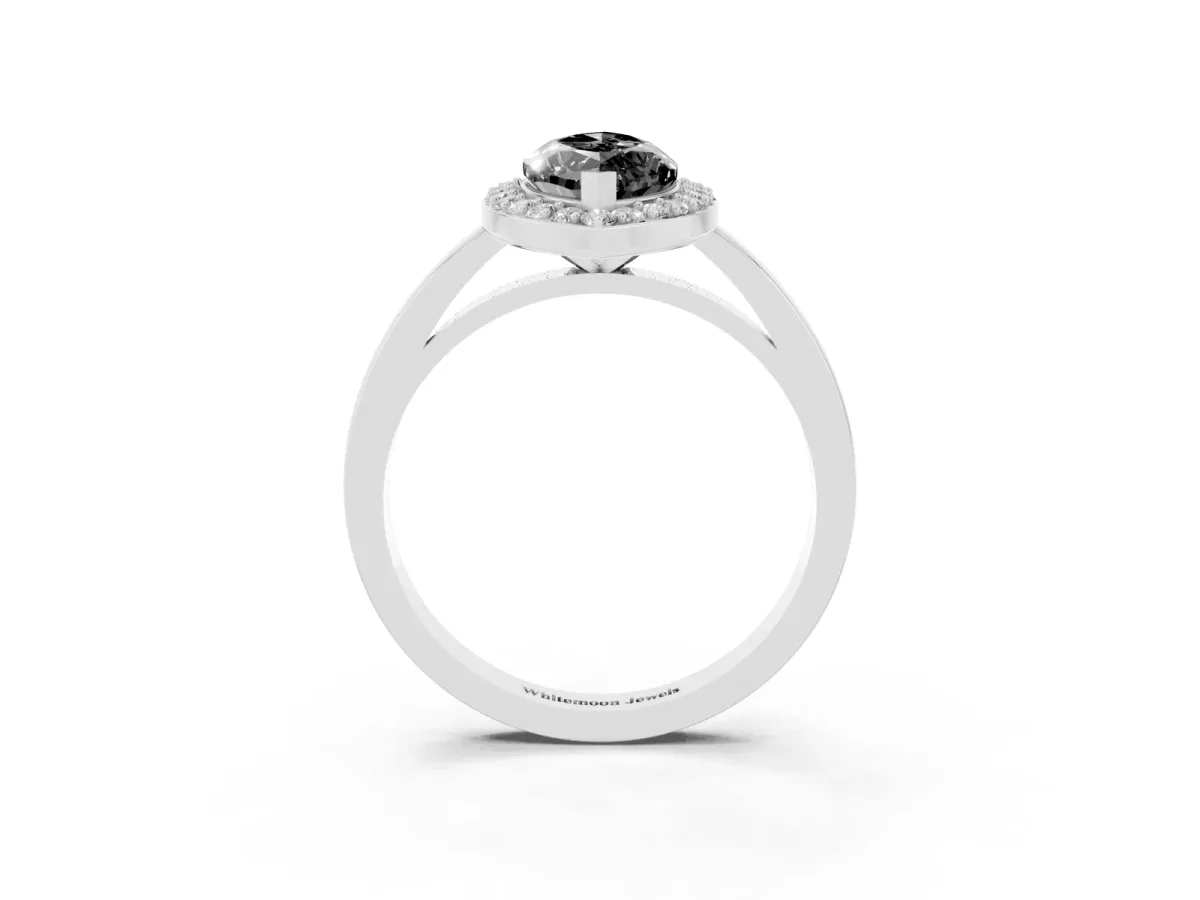 Fancy Black Marquise Cut Halo Diamond Ring with Solitaire Band and Prong Setting Platinum