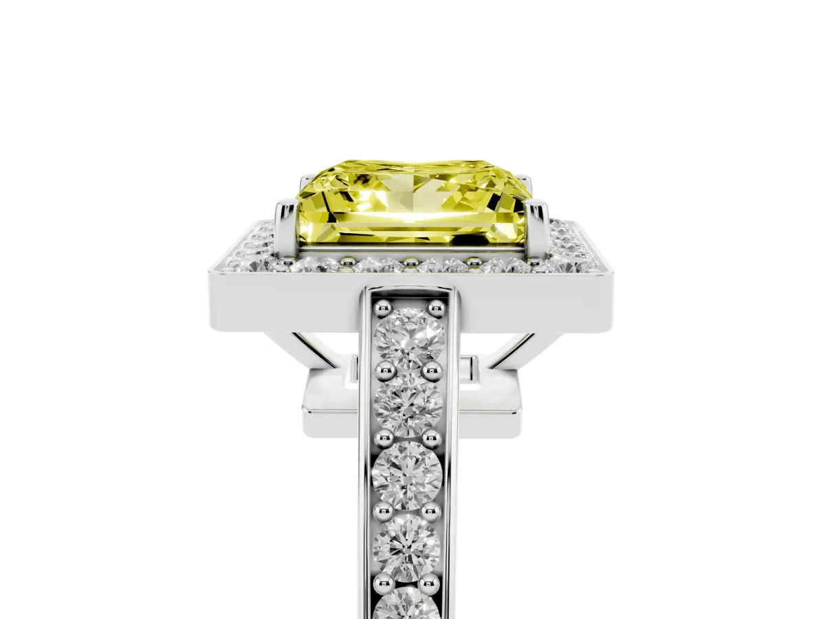 Fancy Yellow Princess Cut Halo Pavé Diamond Engagement Ring with Bezel Setting Silver
