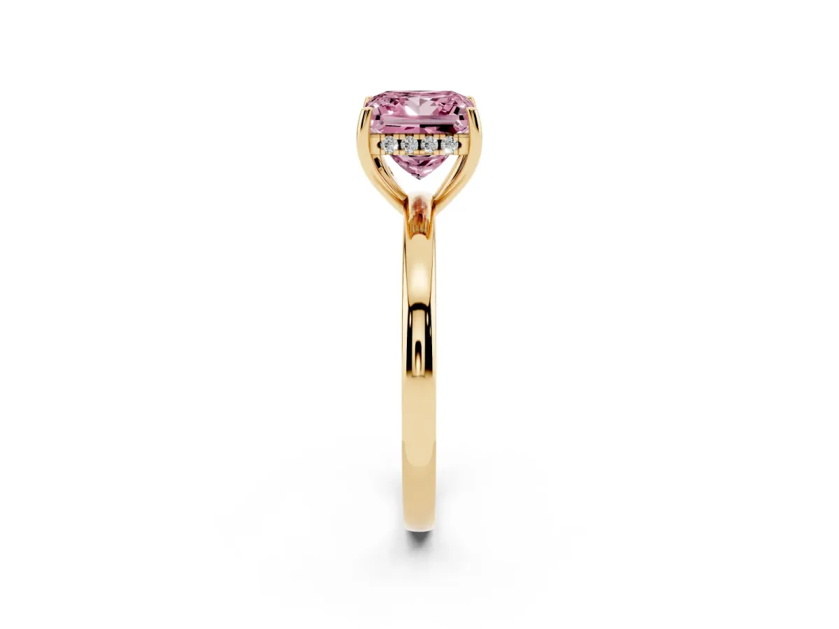 Fancy Pink Princess Cut Solitaire Diamond Ring with Prong Setting and Plain Band Yellow gold