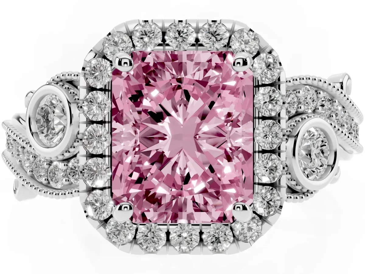 Fancy Pink Radiant Cut Diamond Halo Ring with Milgrain Pavé Band and Four-Prong Setting Platinum