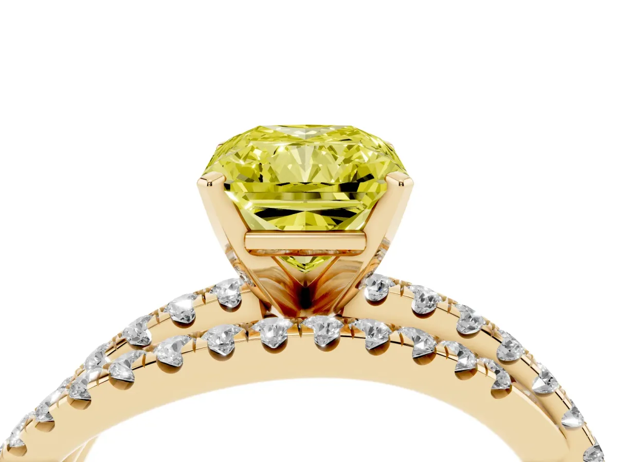 Fancy Yellow Radiant Cut Solitaire Twist Band with Pavé Setting and Four-Prong Setting Yellow gold