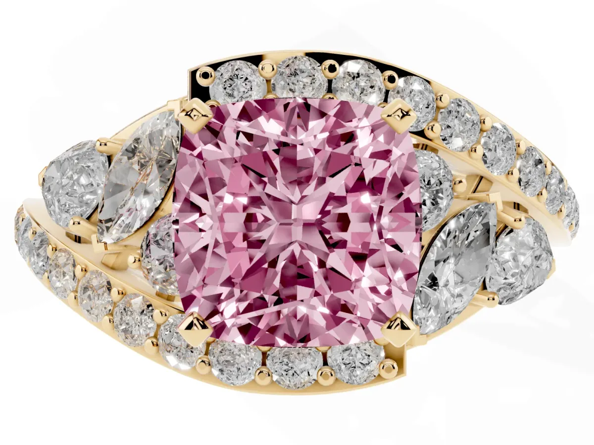 Fancy Pink Cushion Cut Diamond Halo Ring with Marquise and Pavé Band in Prong Setting Yellow gold