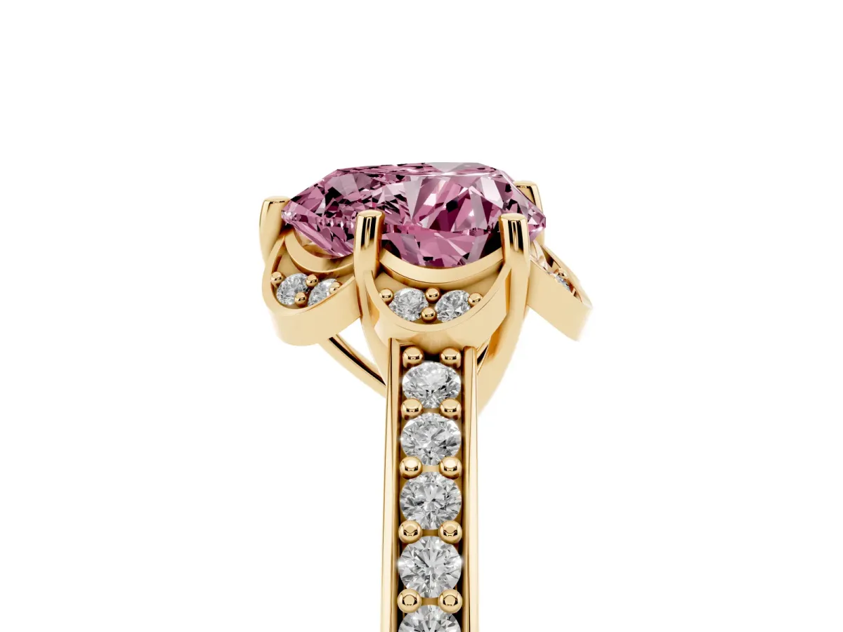 Fancy Pink Heart Cut Cut Halo Diamond Ring with Channel Set Band and Four-Prong Setting Yellow gold
