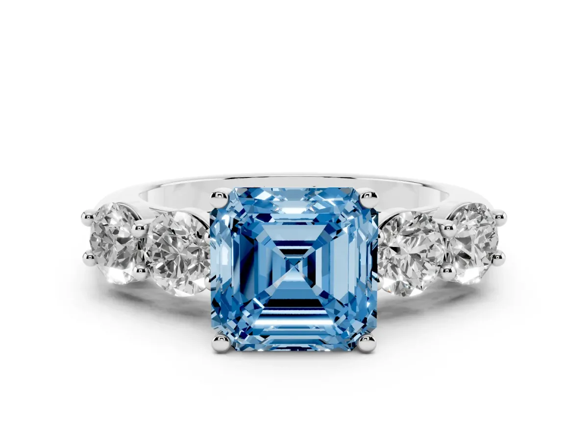 Fancy Blue Asscher Cut Cut Five-Stone Prong Set Diamond Ring with Classic Band White gold