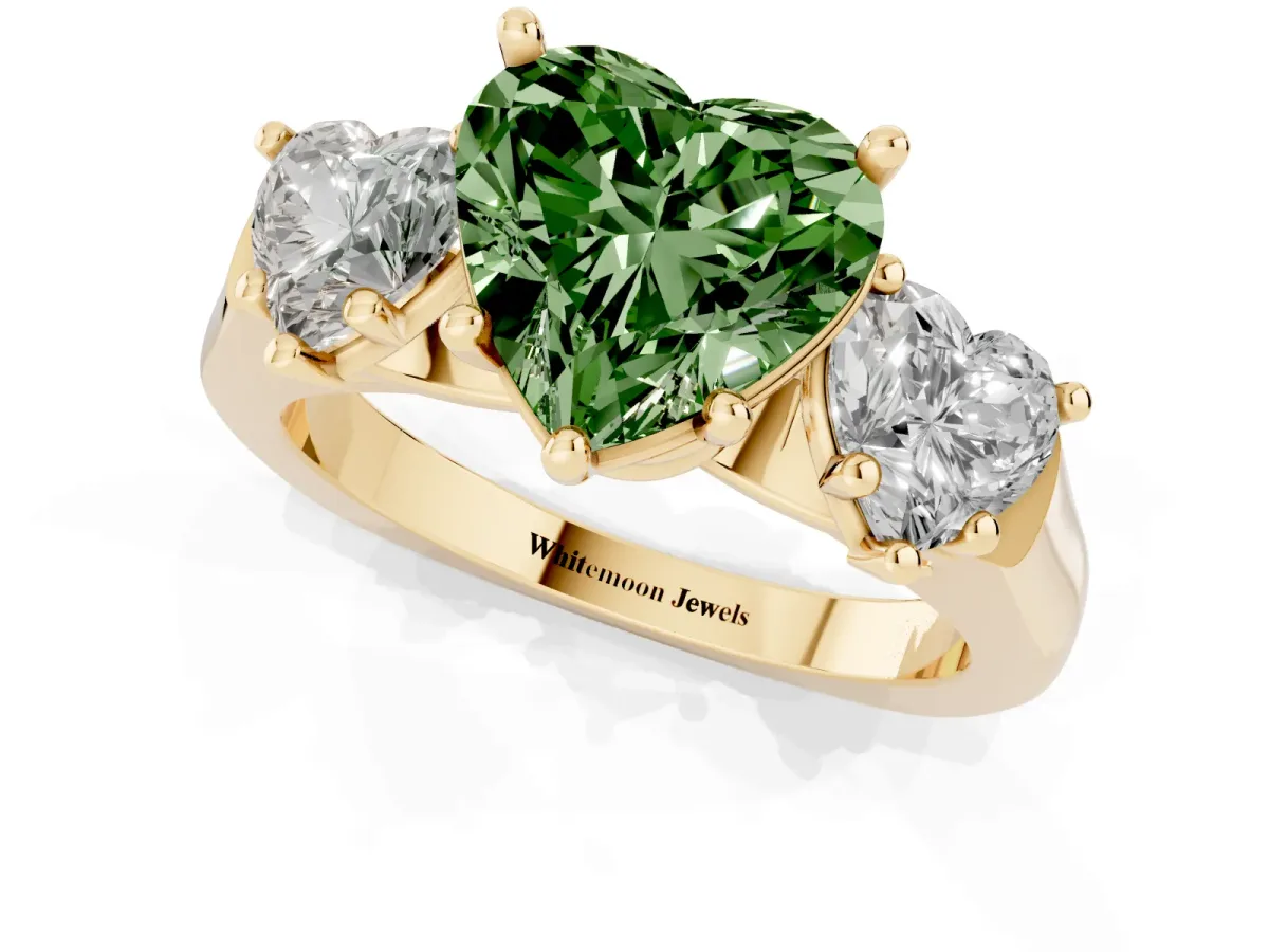 Fancy Green Three-Stone Heart Cut Brilliant Diamond Trellis Ring with Comfort Fit Band Yellow gold