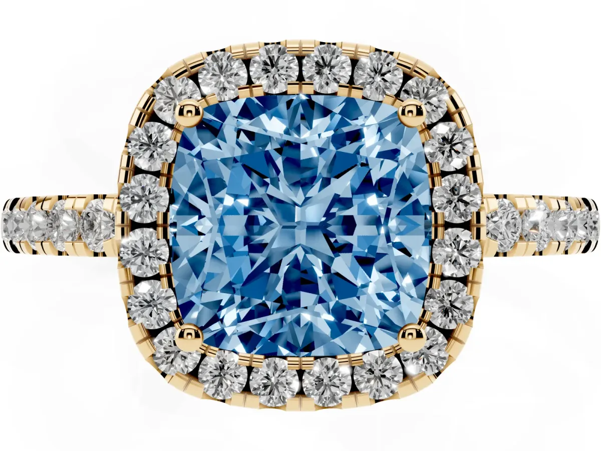 Fancy Blue Cushion Cut Halo Diamond Engagement Ring with Pavé Band and Four-Prong Setting Yellow gold