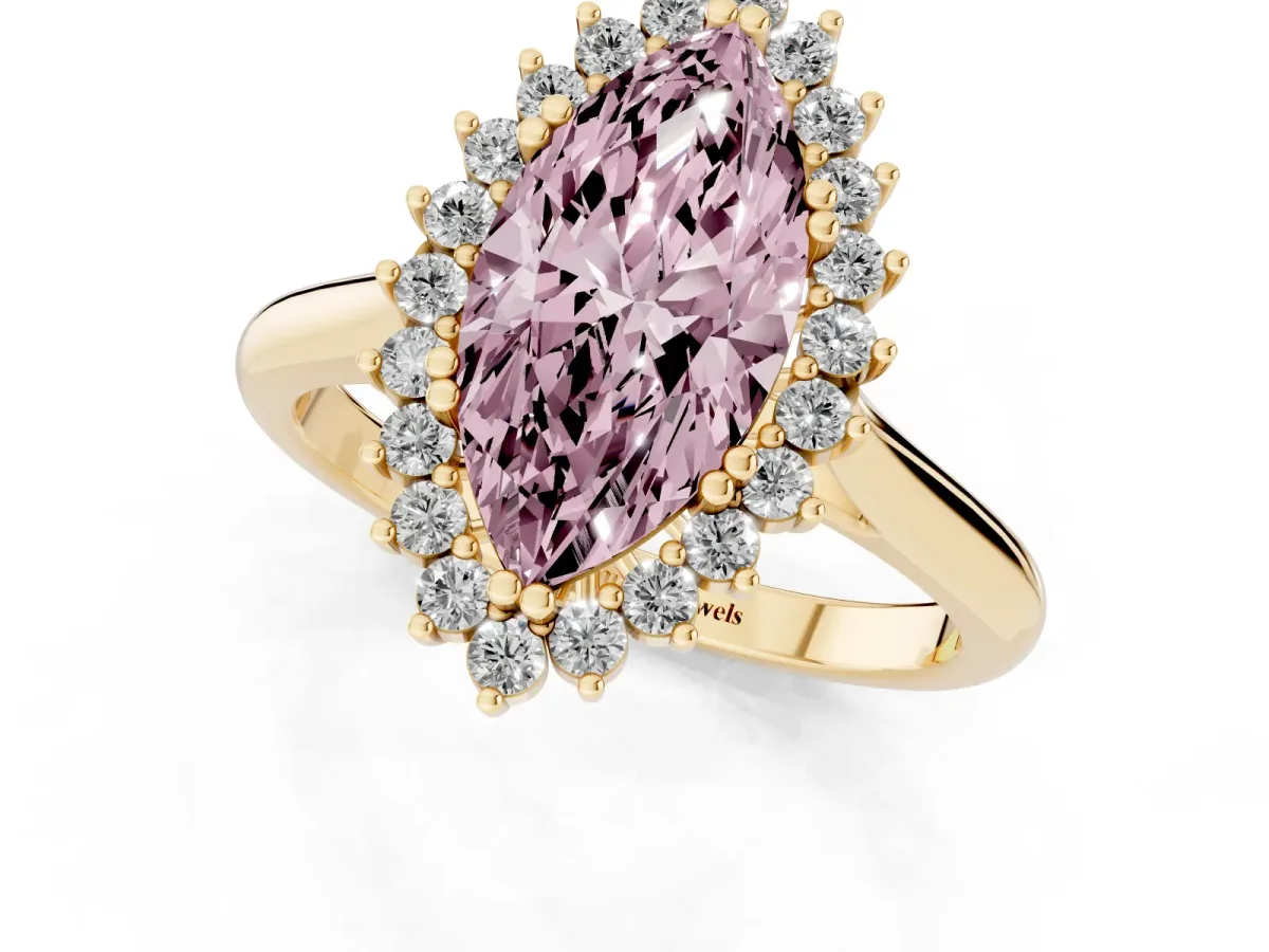 Fancy Pink Marquise Cut Cut Diamond Halo Ring with Solitaire Band and Prong Setting Yellow gold
