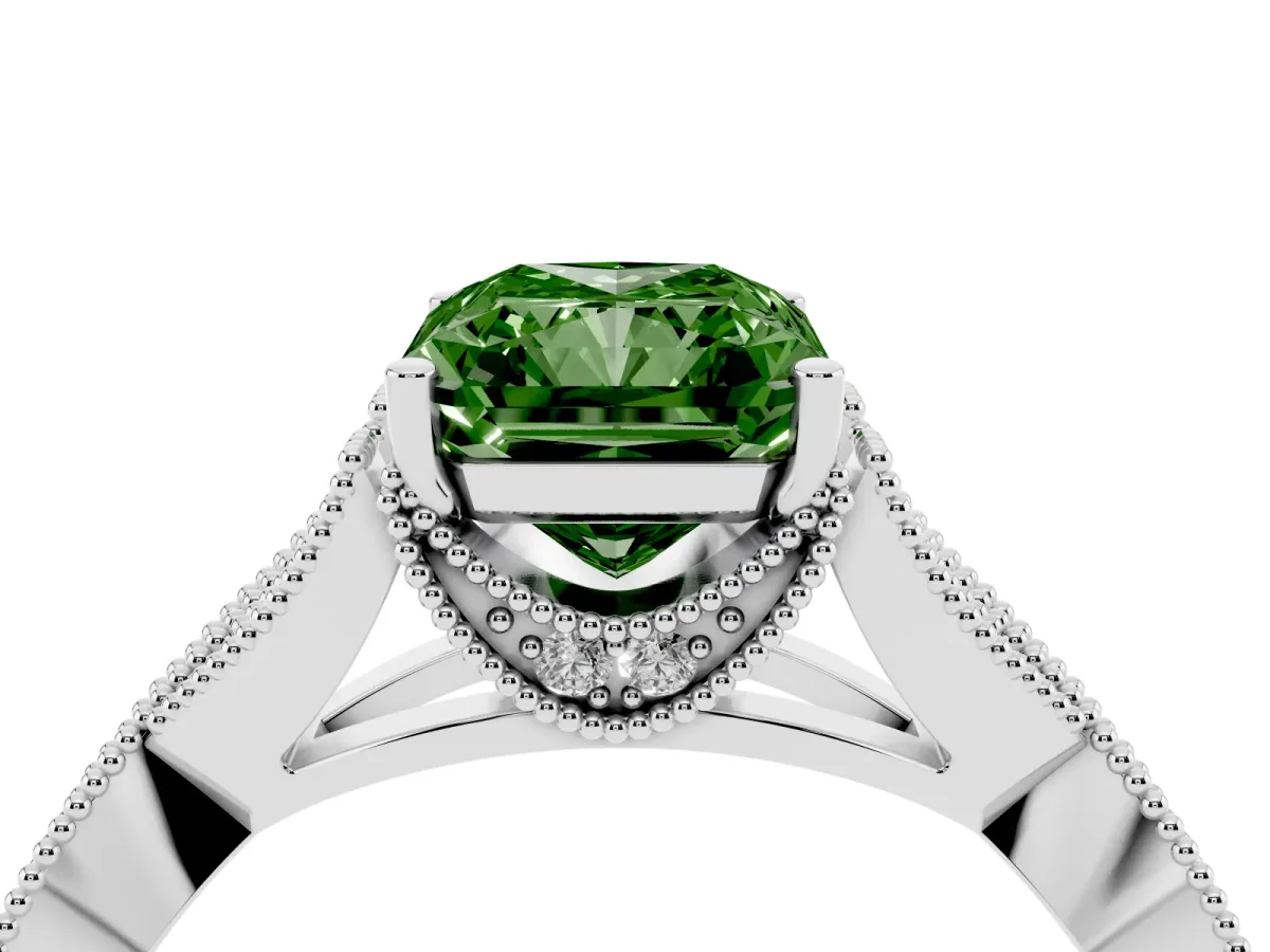 Fancy Green Radiant Cut Cut Diamond Twisted Band with Milgrain Pave Setting and Four-Prong Setting Platinum