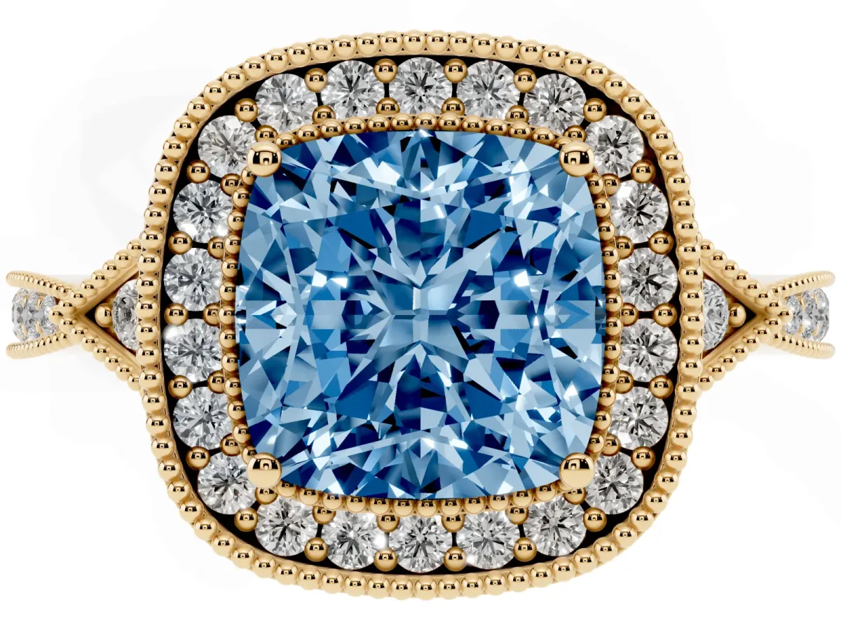 Fancy Blue Cushion Cut Halo Round Diamond Milgrain Pave Engagement Ring Yellow gold