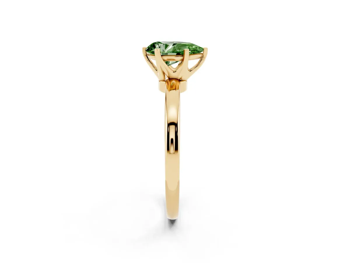 Fancy Green Pear Cut Solitaire Diamond Ring with Six-Prong Setting on a Classic Band Yellow gold