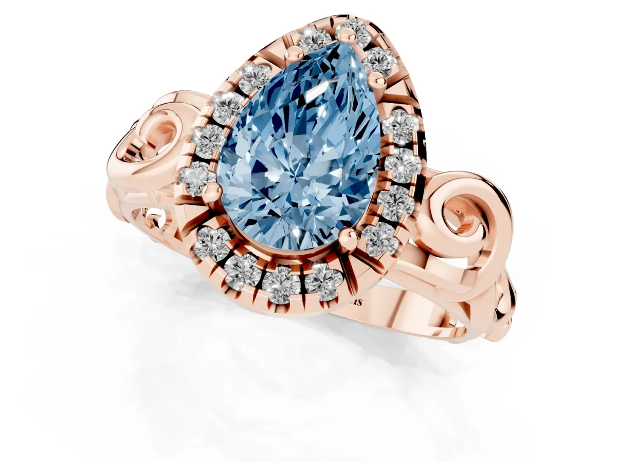 Fancy Blue Pear Cut Cut Halo Diamond Ring with Scrollwork Band and Four-Prong Setting Rose gold