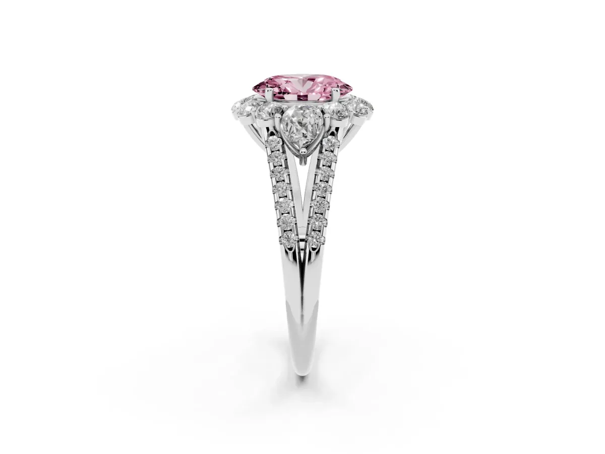 Fancy Pink Oval Cut Halo Split Shank Diamond Engagement Ring with Prong Setting Platinum