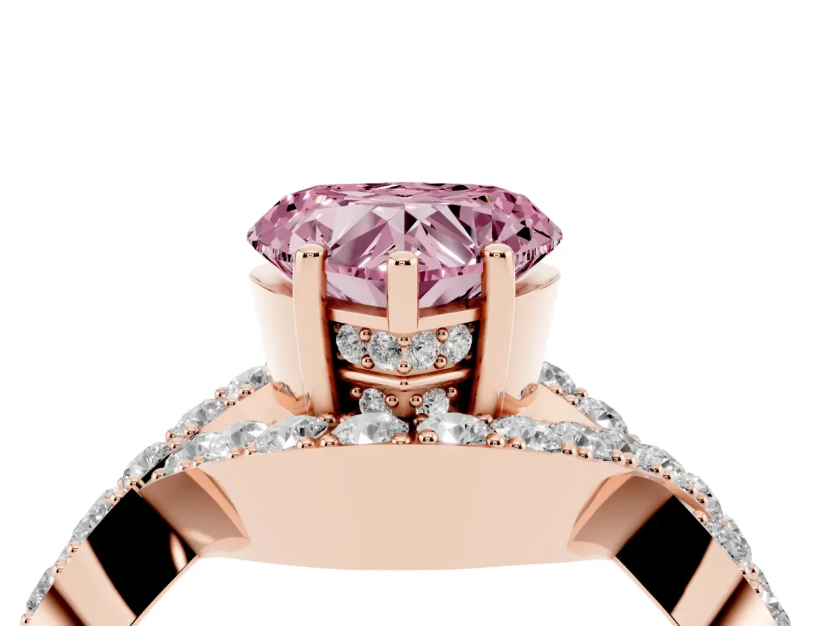 Fancy Pink Heart Cut Solitaire Twist Band Pavé Diamond Engagement Ring Rose gold