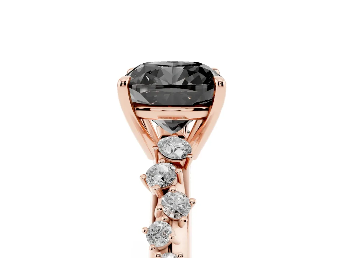 Fancy Black Cushion Cut Diamond Cluster Side Stone Solitaire Ring with Prong Setting Rose gold