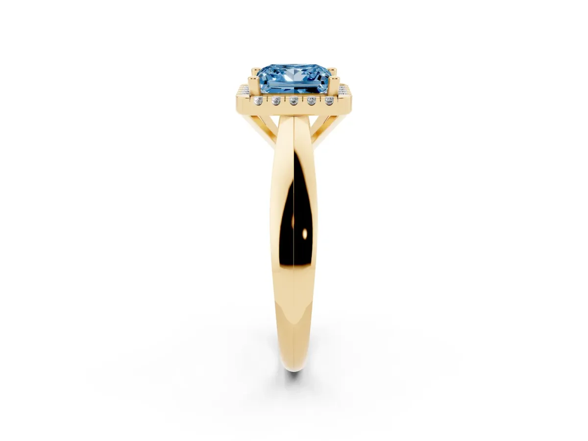 Fancy Blue Princess Cut Cut Halo Solitaire Engagement Ring with Square Band and Four-Prong Setting Yellow gold