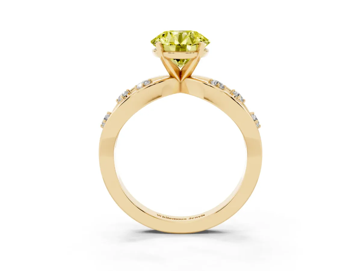 Fancy Yellow Round Cut Cut Solitaire Diamond with Side Stones on Criss-Cross Band and Four-Prong Setting Yellow gold