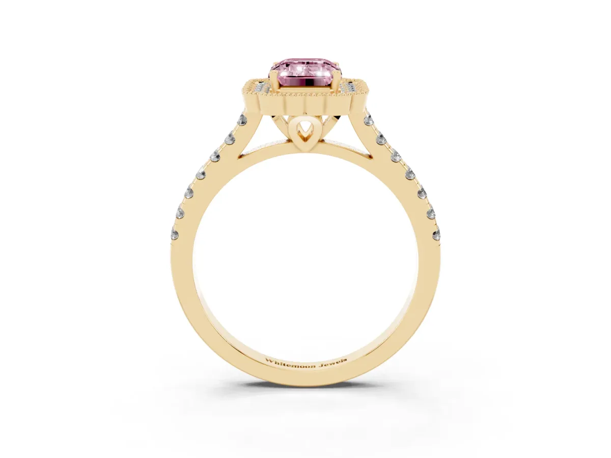 Fancy Pink Emerald Cut Cut Diamond Milgrain Floral Halo Engagement Ring with Pavé Band Yellow gold