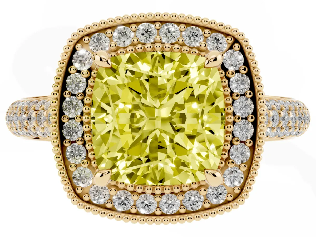 Fancy Yellow Cushion Cut Cut Halo Diamond Pave Band with Four-Prong Setting Yellow gold