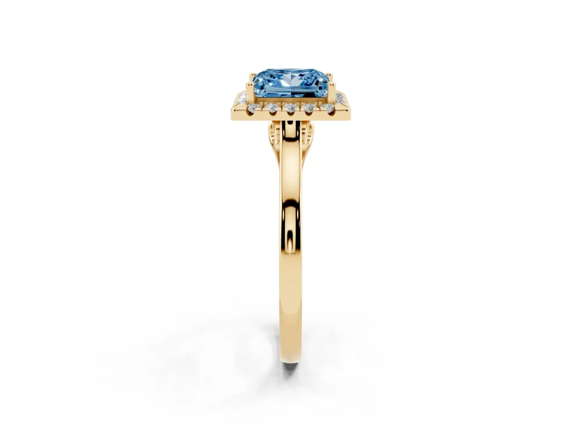 Fancy Blue Princess Cut Halo Round Diamond Solitaire Ring with Pavé Band and Four-Prong Setting Yellow gold