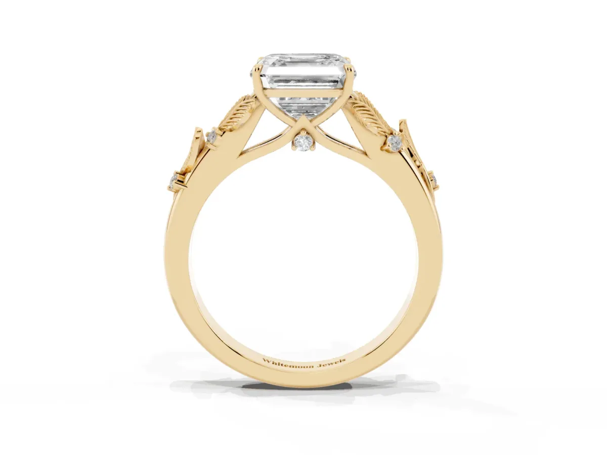 Asscher Cut Diamond Solitaire Ring with Leaf Motif Band and Four-Prong Setting Yellow gold