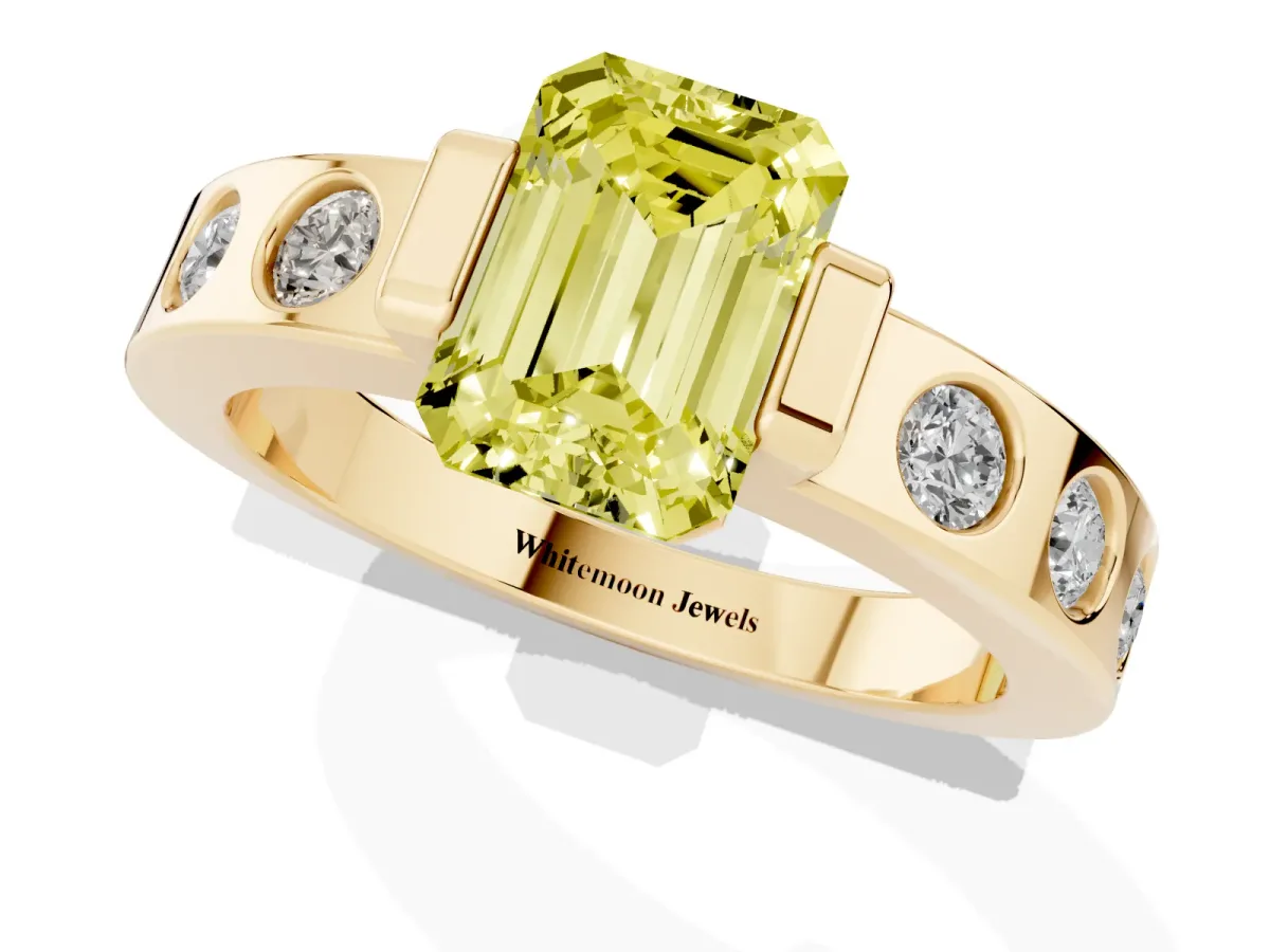Fancy Yellow Emerald Cut Brilliant Channel-Set Diamond Ring with Bezel Prong Setting Yellow gold