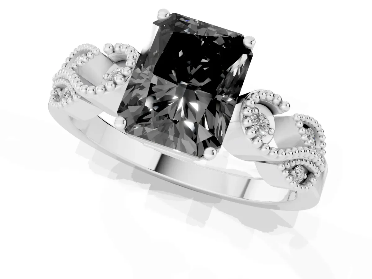 Fancy Black Radiant Cut Solitaire Milgrain Leaf Band with Prong Setting Platinum