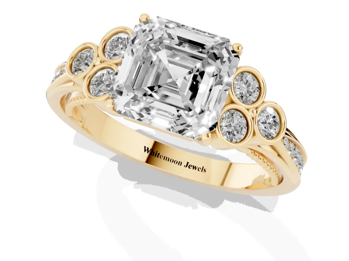 Asscher Cut Cut Diamond Engagement Ring with Bezel Set Round Side Stones and Prong Setting Yellow gold