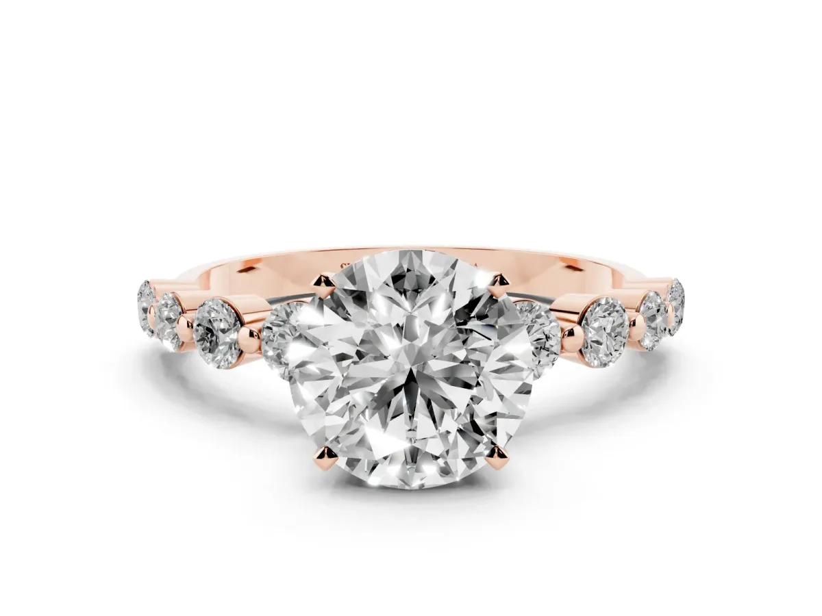 Round Cut Solitaire Diamond Ring with Pave Band and Four-Prong Setting Rose gold